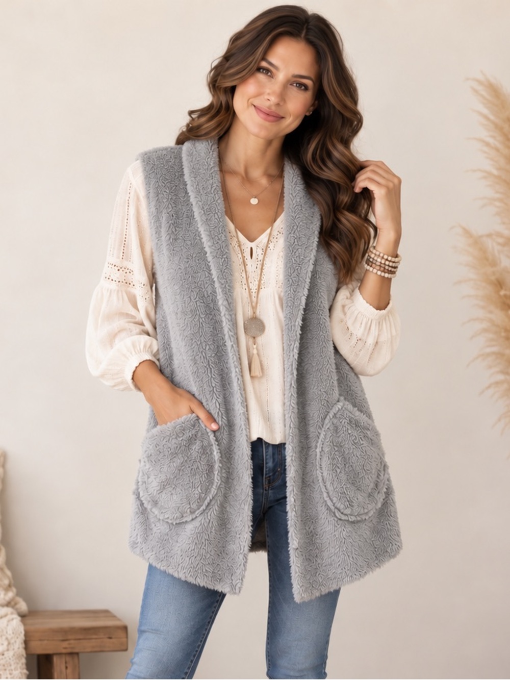 Super Soft Plush Gray Marbled Open-Front Vest with Pockets Size XL NWOT